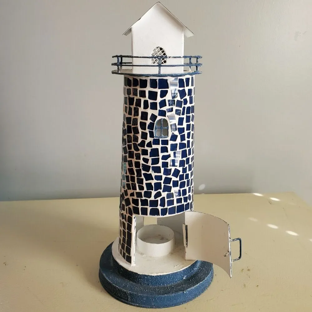 Light House tea Lite Candle Decor Crushed Glass/Tin  12